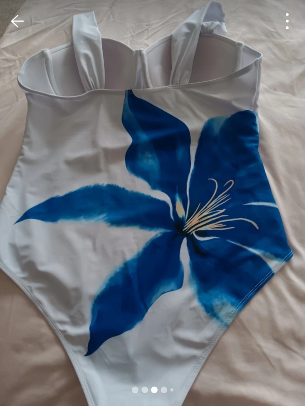 Womans White One-Piece Swimsuit with Blue Floral Print